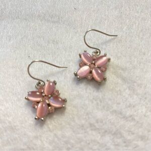 Elegant Pink Floral Earrings Drop Hook Delicate Design Silver Tone